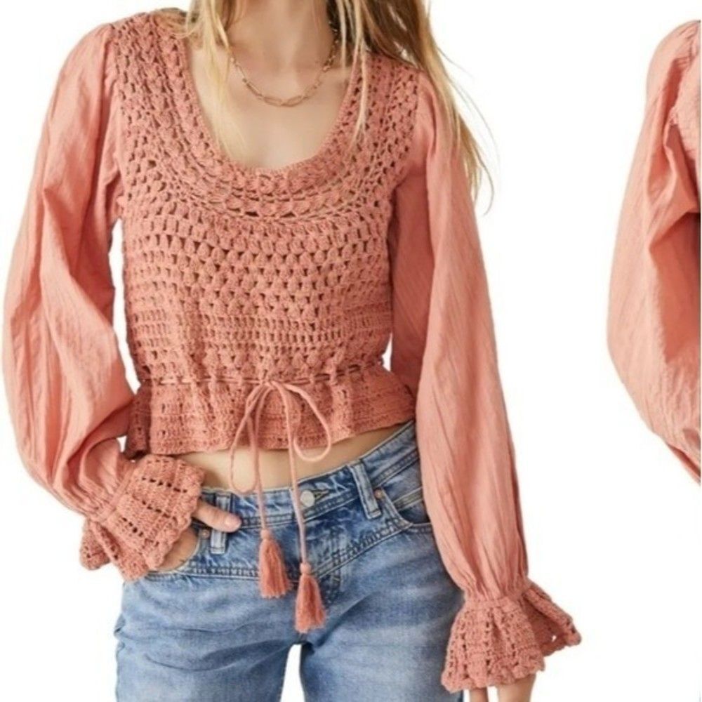 Free People Megan Balloon Sleeve Crochet Top Size Small Bohemian Cottagecore